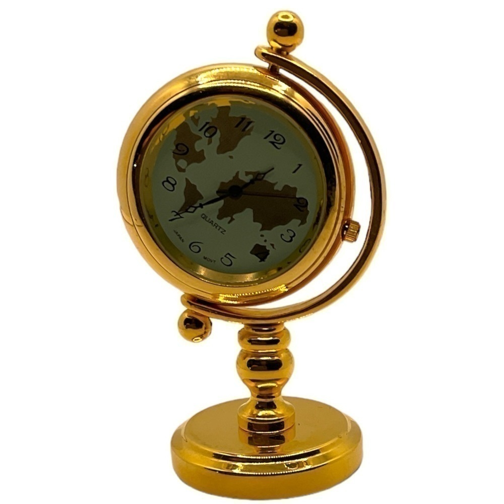 Gold Tabletop Vintage Decorative Mini Clock World Map